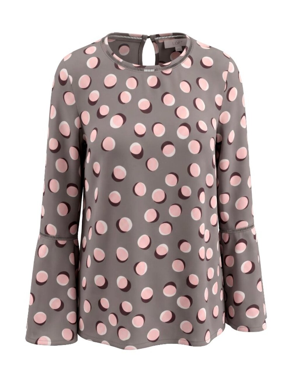 LOFT Womens S Gray Pink Polka Dot Blouse Bell Sleeve Long Sleeve Ladder Trim